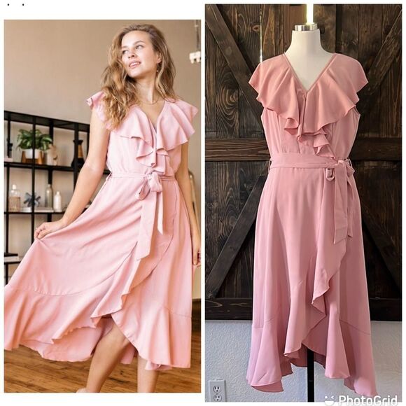 New Dusty Pink Flowy Maxi/Midi Ruffle Dress Sz- Med - Picture 1 of 12